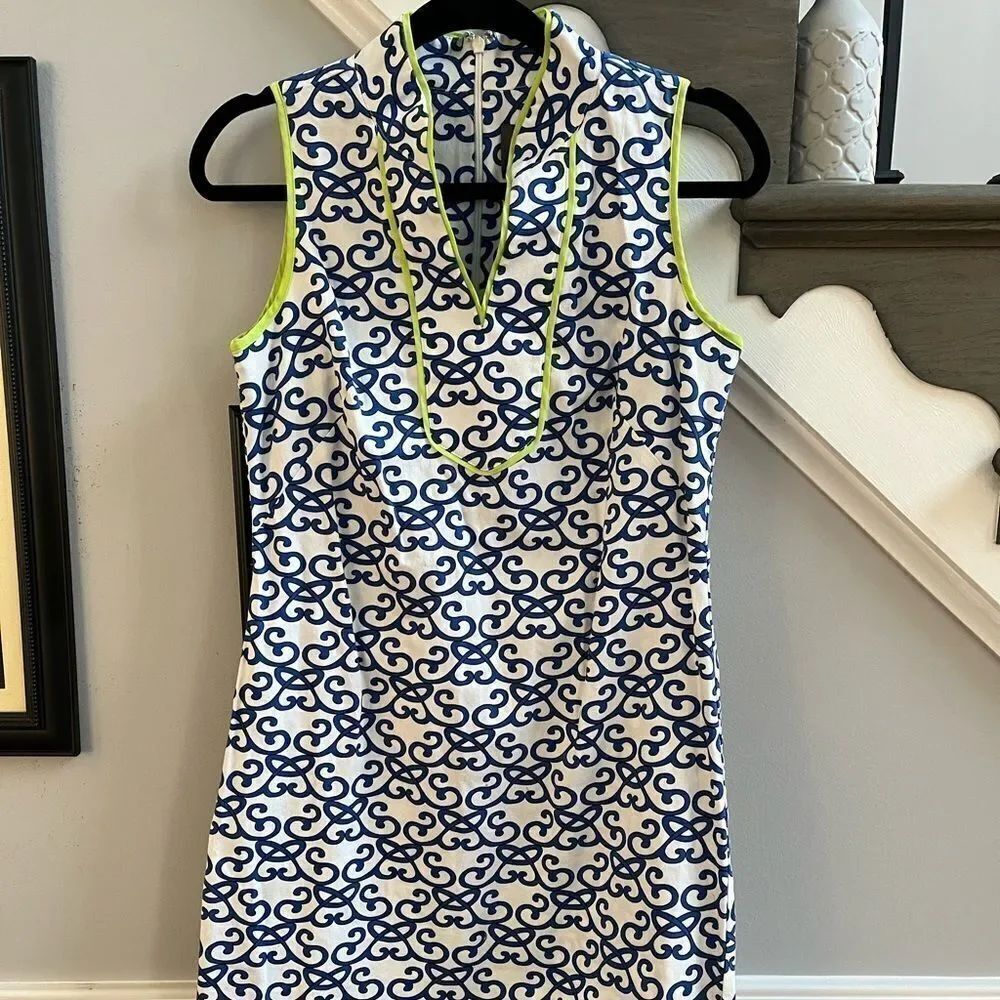 Vince Camuto High Collar Sleeveless Preppy Blue & Lime Dress sz 4